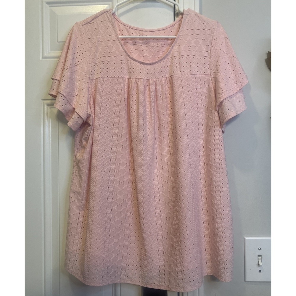 Kim Rogers Pink Eyelet Knit Top Coquette Ruffle Sleeve Scoop Neck Women's XL 1X